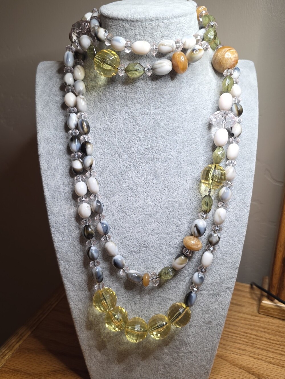 Lydell NYC Double-Strand Chunky Necklace Yellow, Green, White&Gray Acrylic Beads